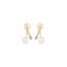 14k Prong Diamond Curved Bar Drop & Pearl Jacket Earrings