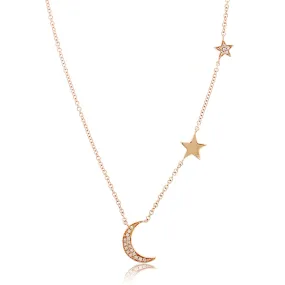 14K Rose Gold Moon and Star Diamond Necklace