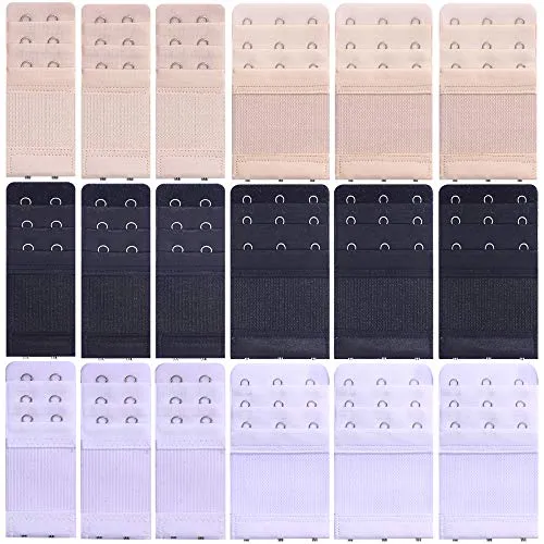 18 Pcs Women's Bra Extender 2 Hooks/ 3 Hooks Elastic Stretchy Bra Extension Strap, Bra Lingerie Extenders, White/Black/Beige