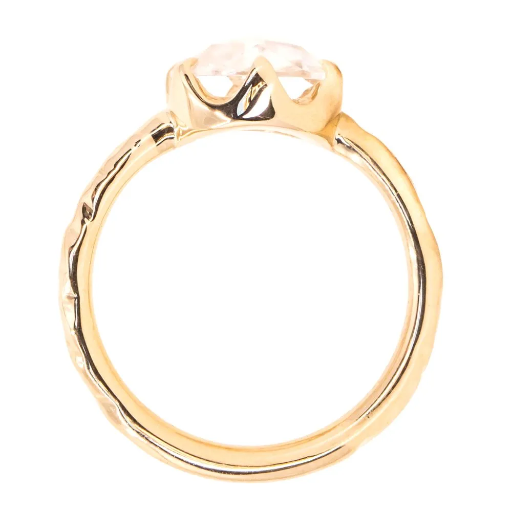 8.5mm Rosecut Moissanite 6-Prong Low Profile Ring with Carved Evergreen Band in 14K Yellow Gold