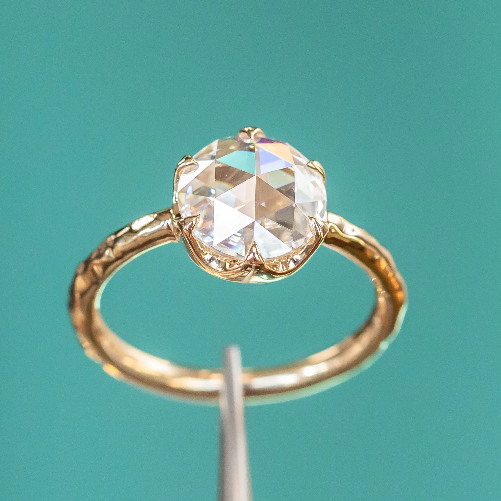 8.5mm Rosecut Moissanite 6-Prong Low Profile Ring with Carved Evergreen Band in 14K Yellow Gold