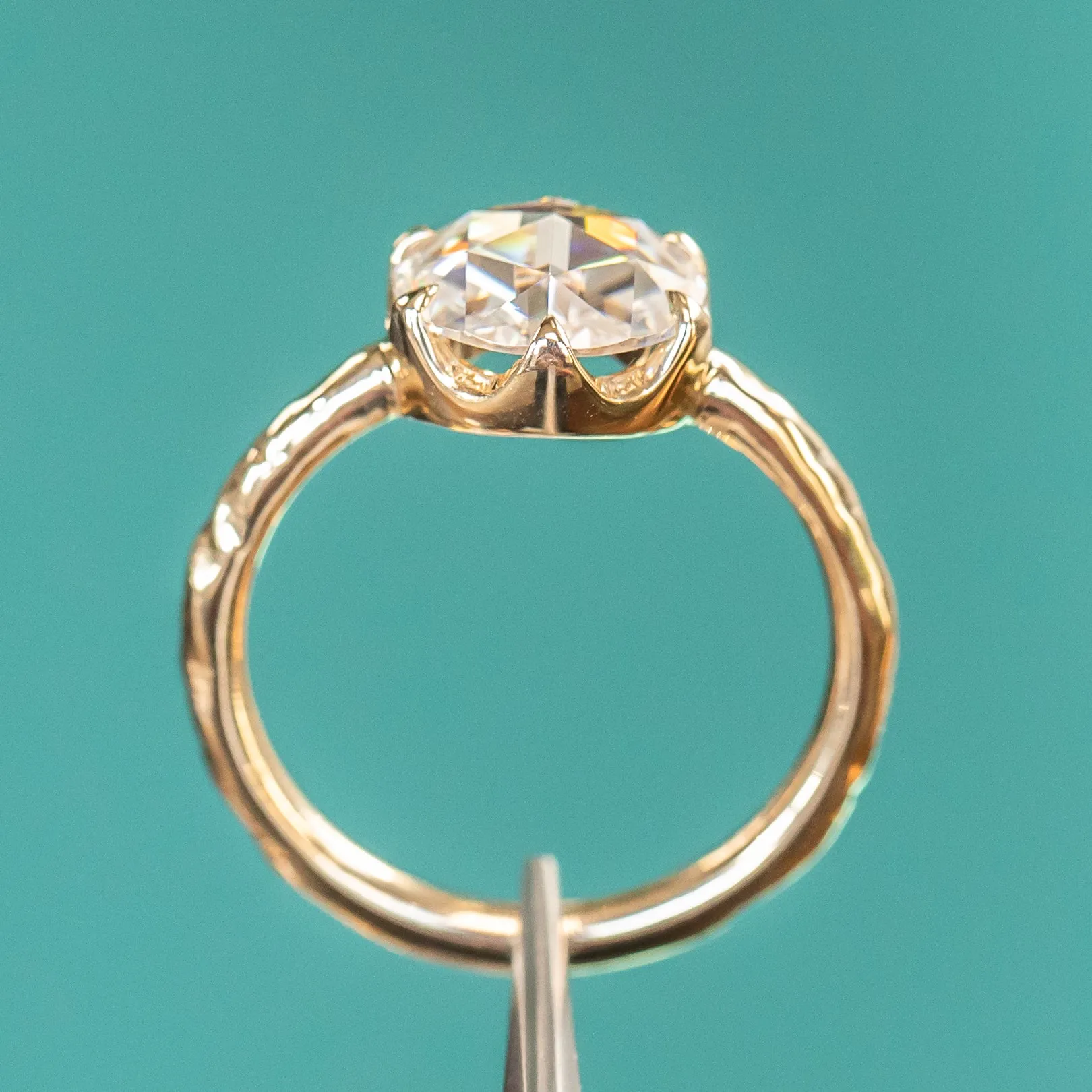 8.5mm Rosecut Moissanite 6-Prong Low Profile Ring with Carved Evergreen Band in 14K Yellow Gold