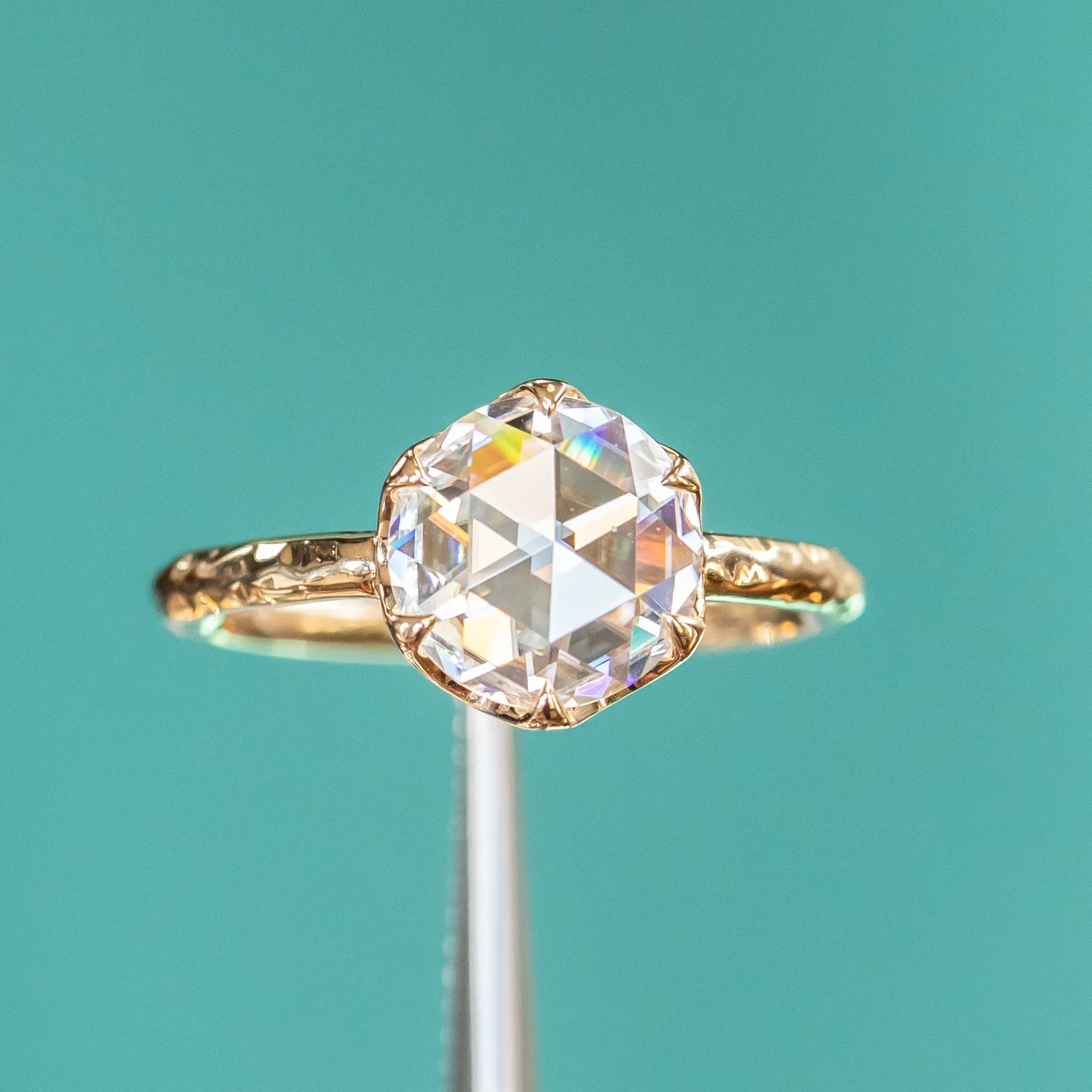 8.5mm Rosecut Moissanite 6-Prong Low Profile Ring with Carved Evergreen Band in 14K Yellow Gold