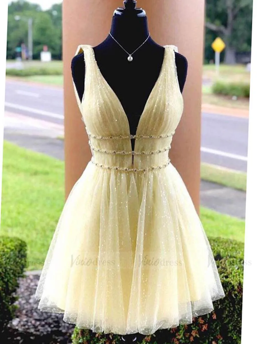 A-line V Neck Yellow Sequin Homecoming Dresses with Sparkles SD1213