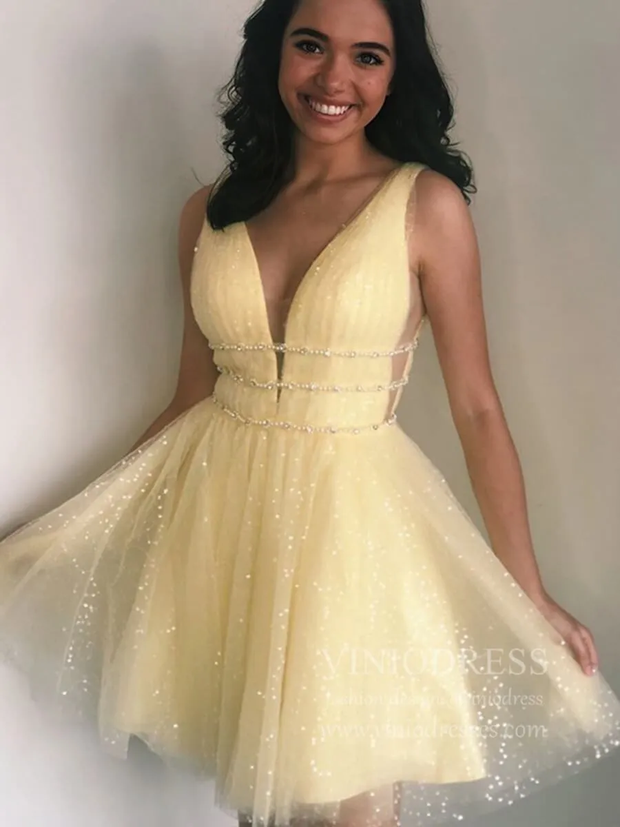 A-line V Neck Yellow Sequin Homecoming Dresses with Sparkles SD1213