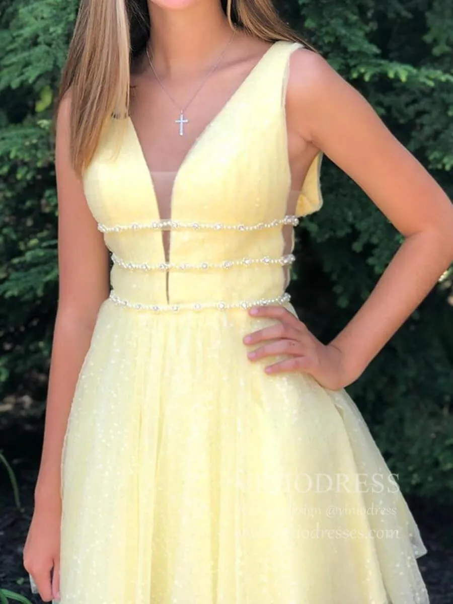 A-line V Neck Yellow Sequin Homecoming Dresses with Sparkles SD1213