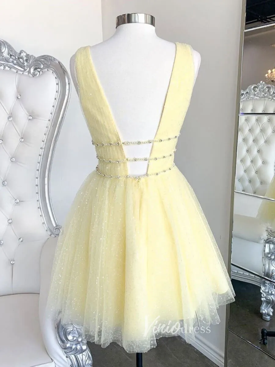 A-line V Neck Yellow Sequin Homecoming Dresses with Sparkles SD1213