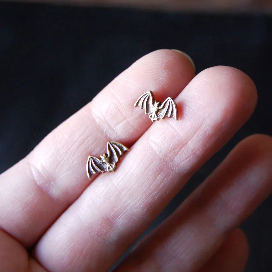 Bat Stud Earrings - Antiqued Brass