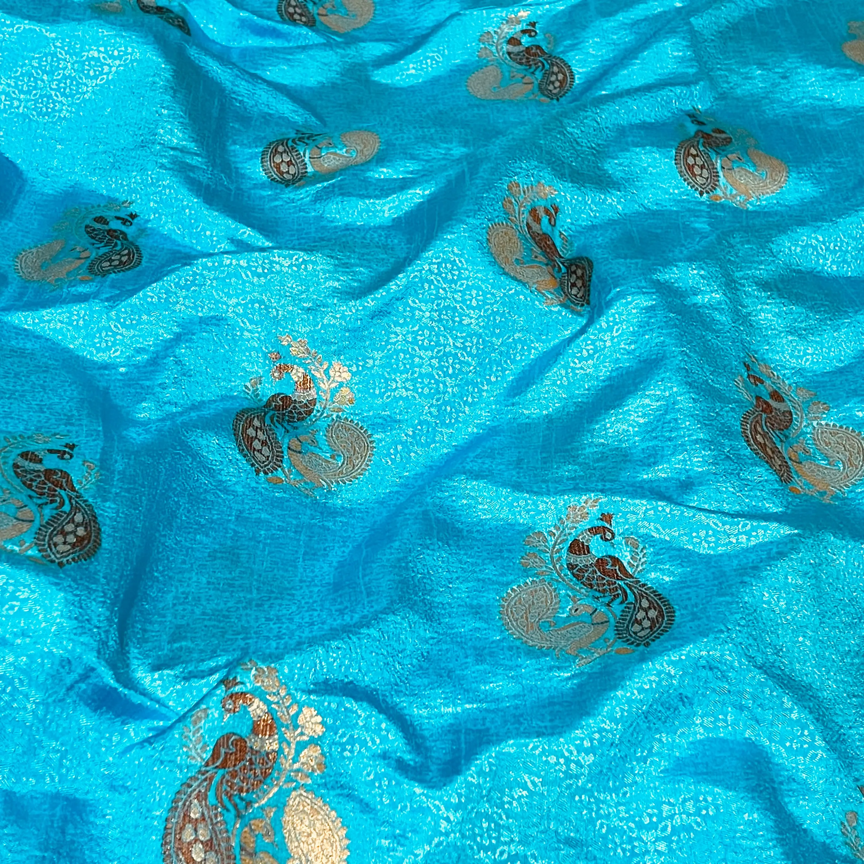 Blue Peacock Motif Borderless Semi Soft Silk Saree