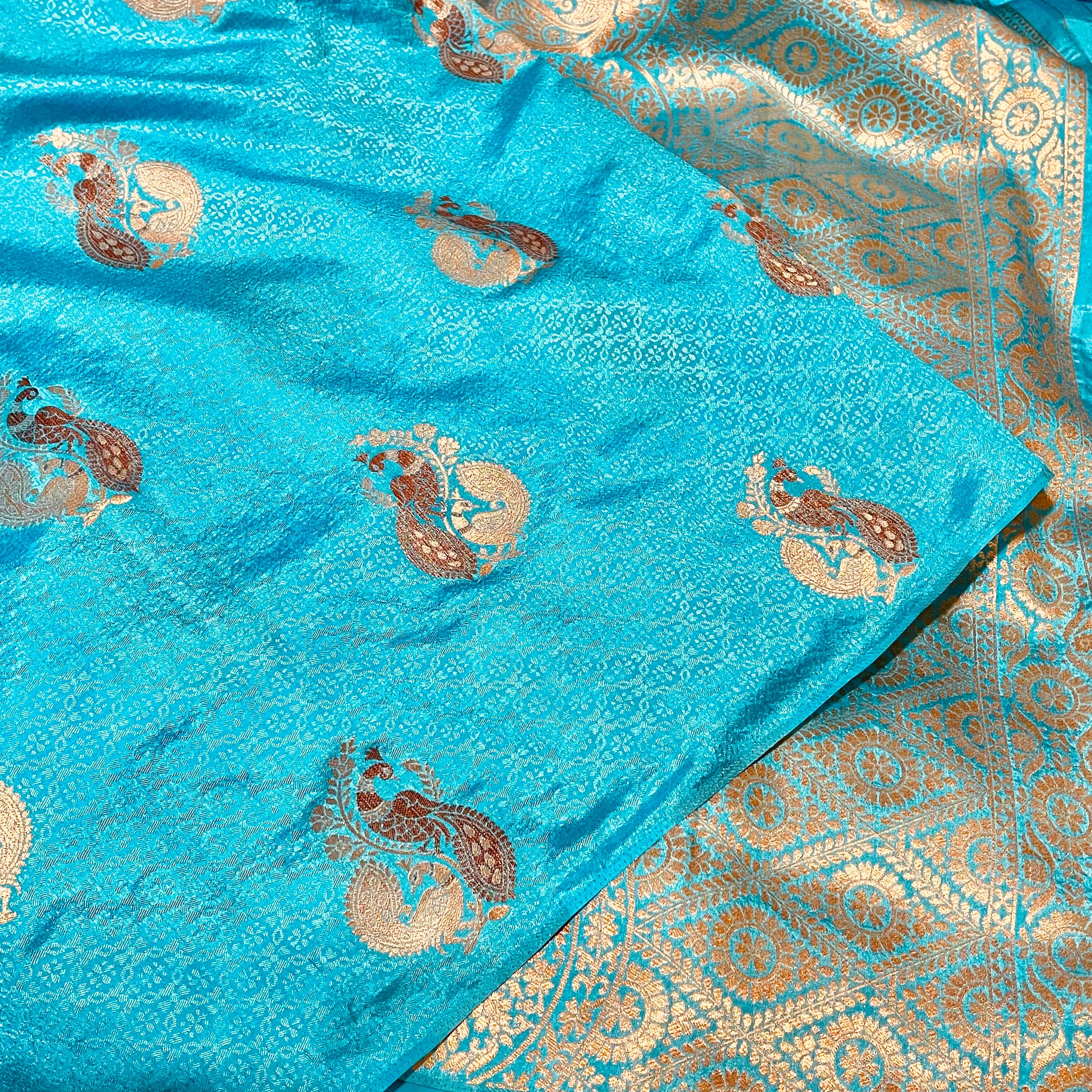 Blue Peacock Motif Borderless Semi Soft Silk Saree