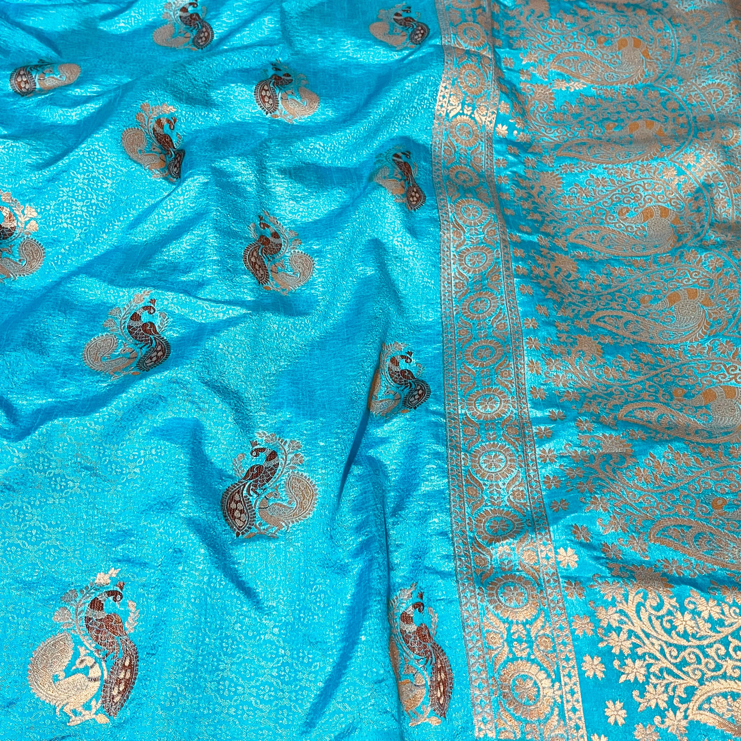 Blue Peacock Motif Borderless Semi Soft Silk Saree