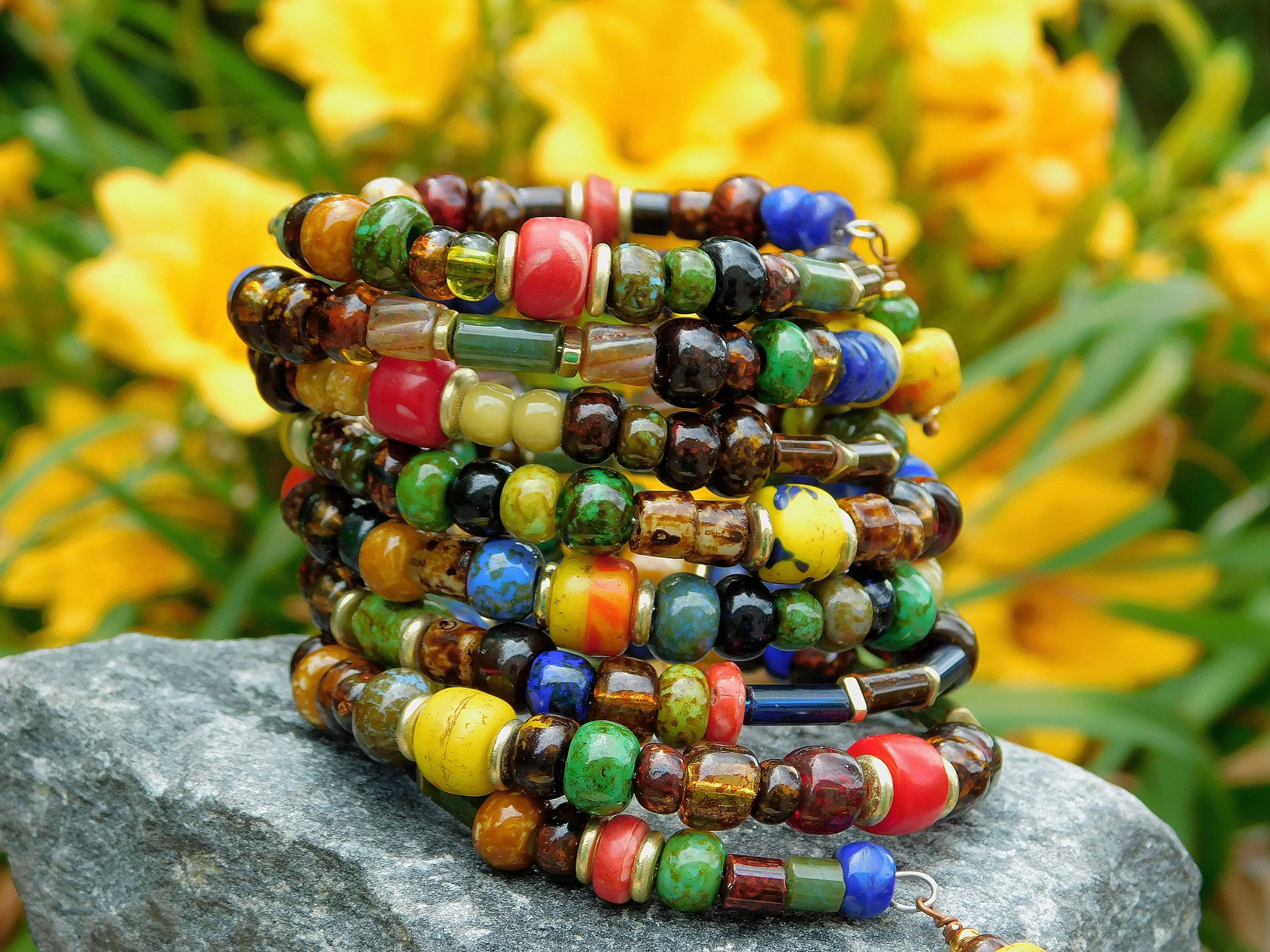 Boho Bangle with Old African Kakamba Trade Beads