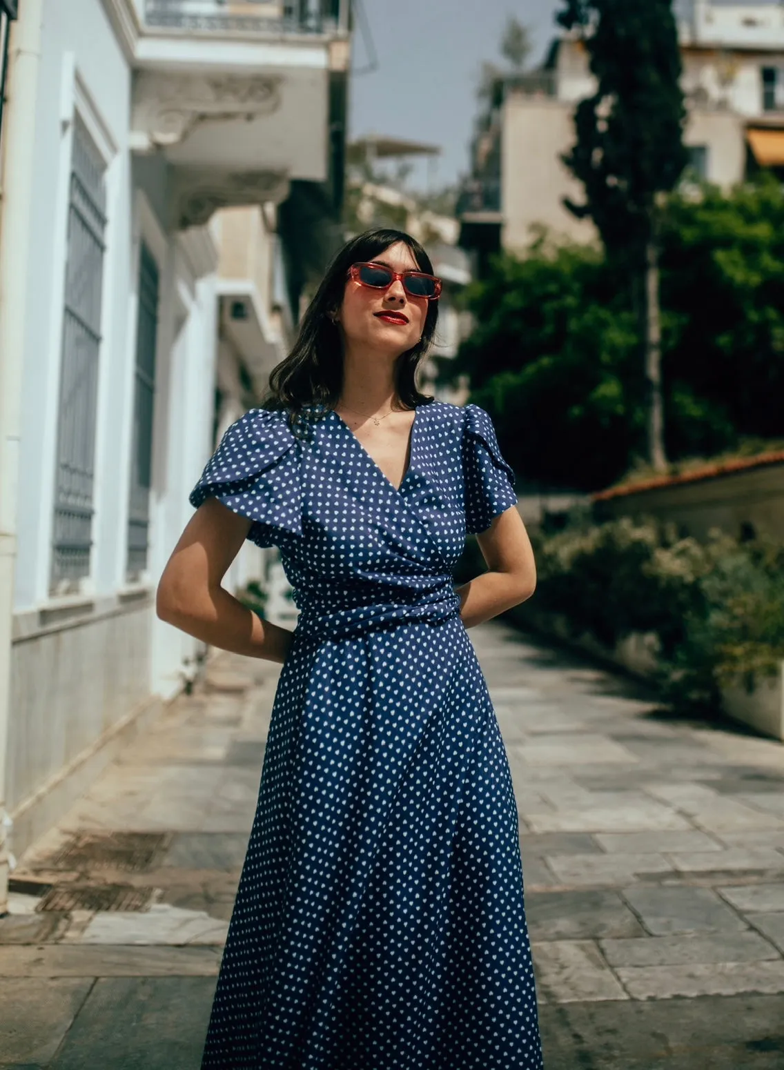 “Cecilia” dress in blue with white hearts