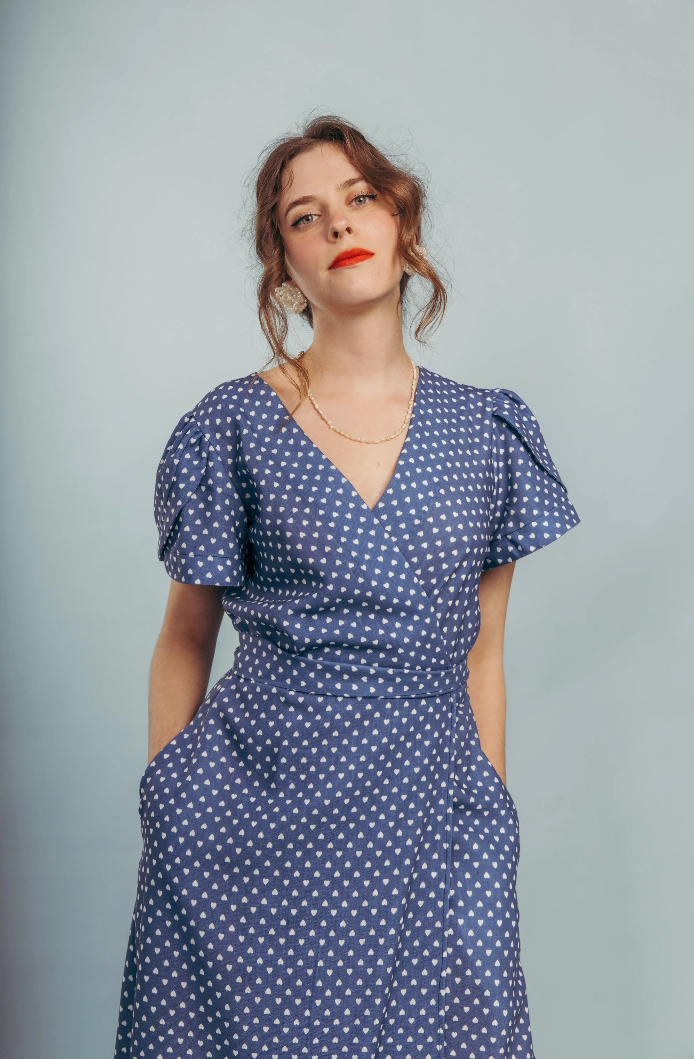 “Cecilia” dress in blue with white hearts