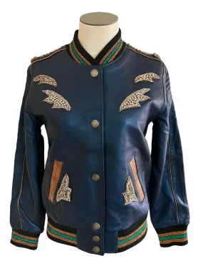 Coach Size 2 Metallic Leather Cadet Blue Shrunken Leather Embellished Varsity Jacket