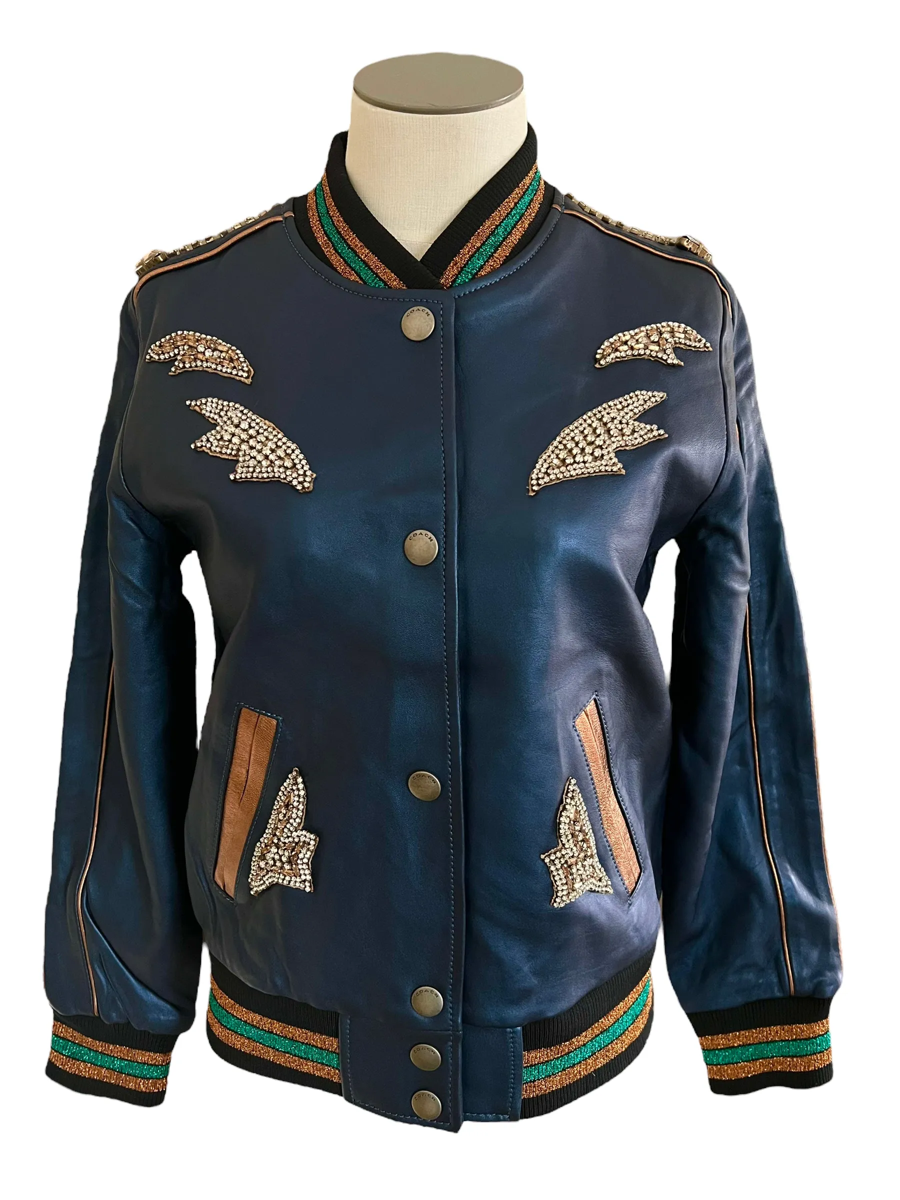 Coach Size 2 Metallic Leather Cadet Blue Shrunken Leather Embellished Varsity Jacket