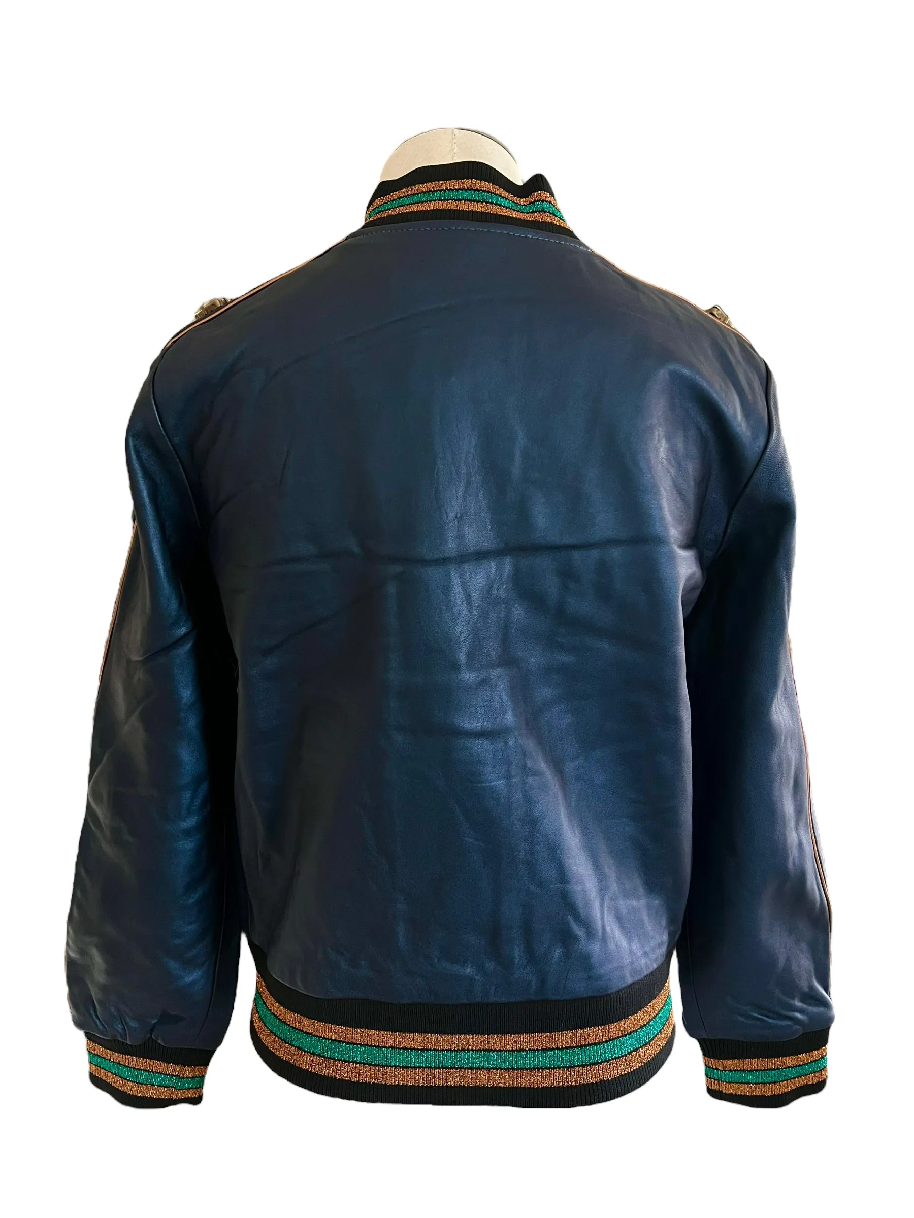 Coach Size 2 Metallic Leather Cadet Blue Shrunken Leather Embellished Varsity Jacket