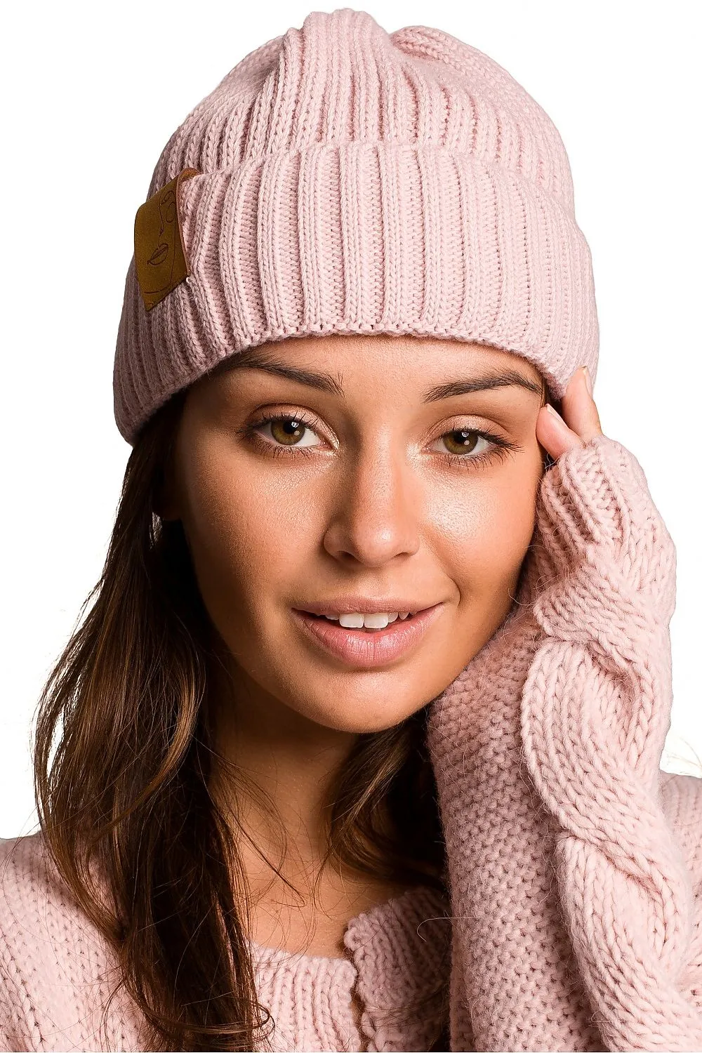 Dusty Pink Beanie Hat with Patch