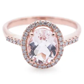 Estate 10K Rose Gold Morganite & Diamond Oval Band Ring Size 7