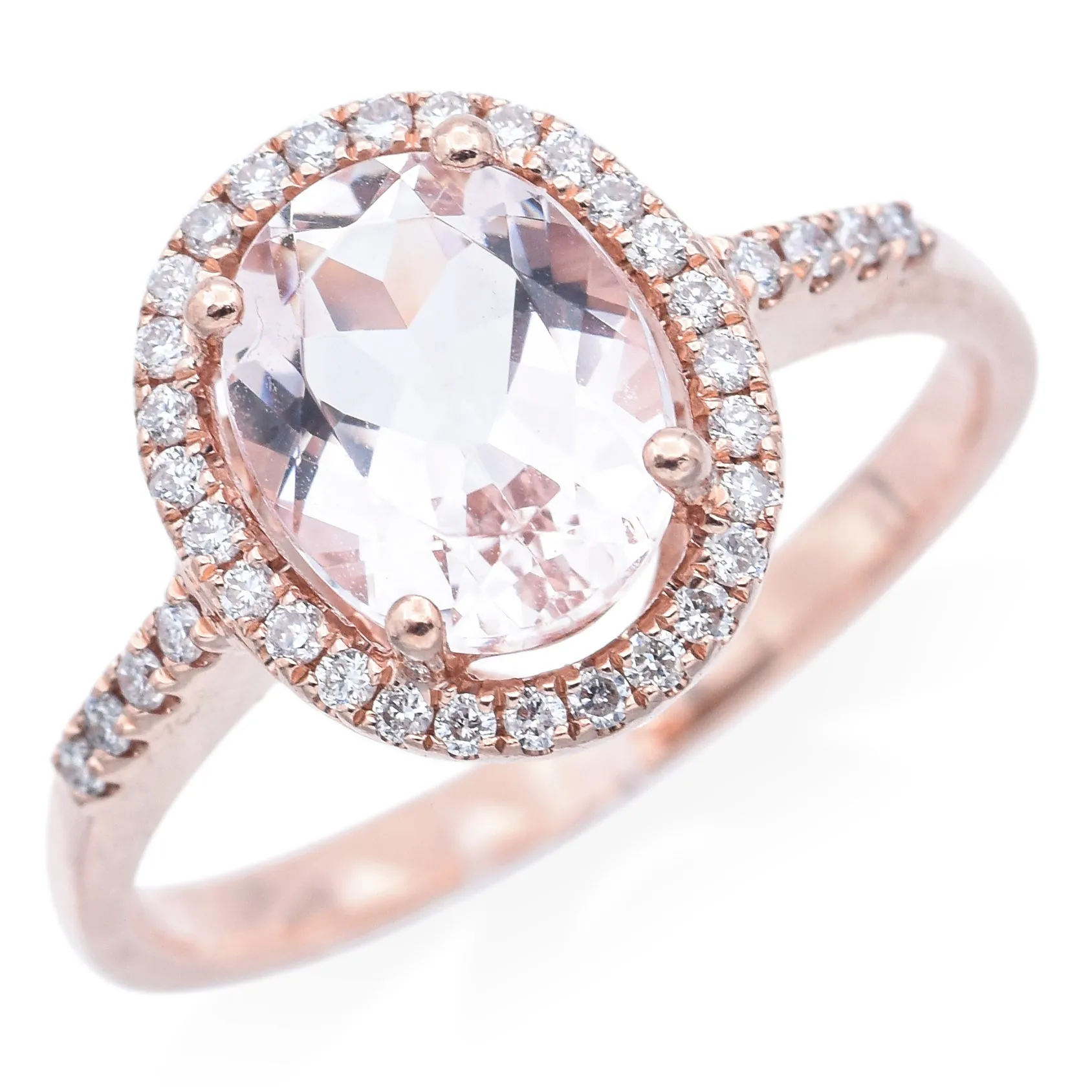 Estate 10K Rose Gold Morganite & Diamond Oval Band Ring Size 7