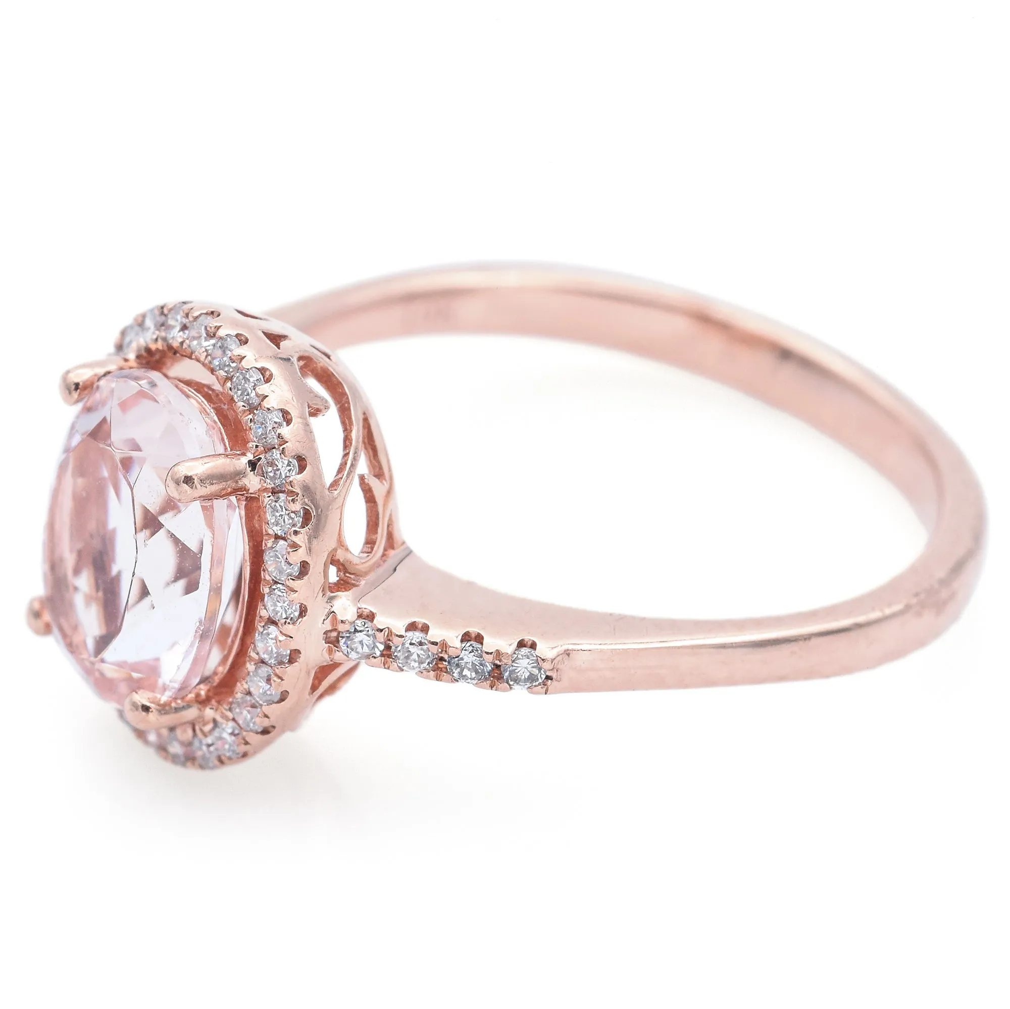 Estate 10K Rose Gold Morganite & Diamond Oval Band Ring Size 7