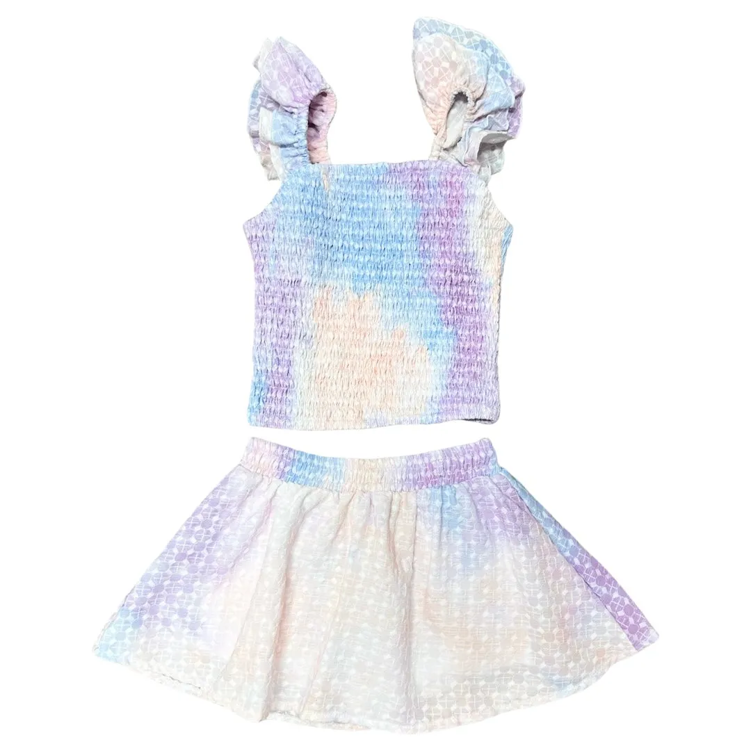 FBZ Purple Blue Tie Dye Eyelet Smocked Top