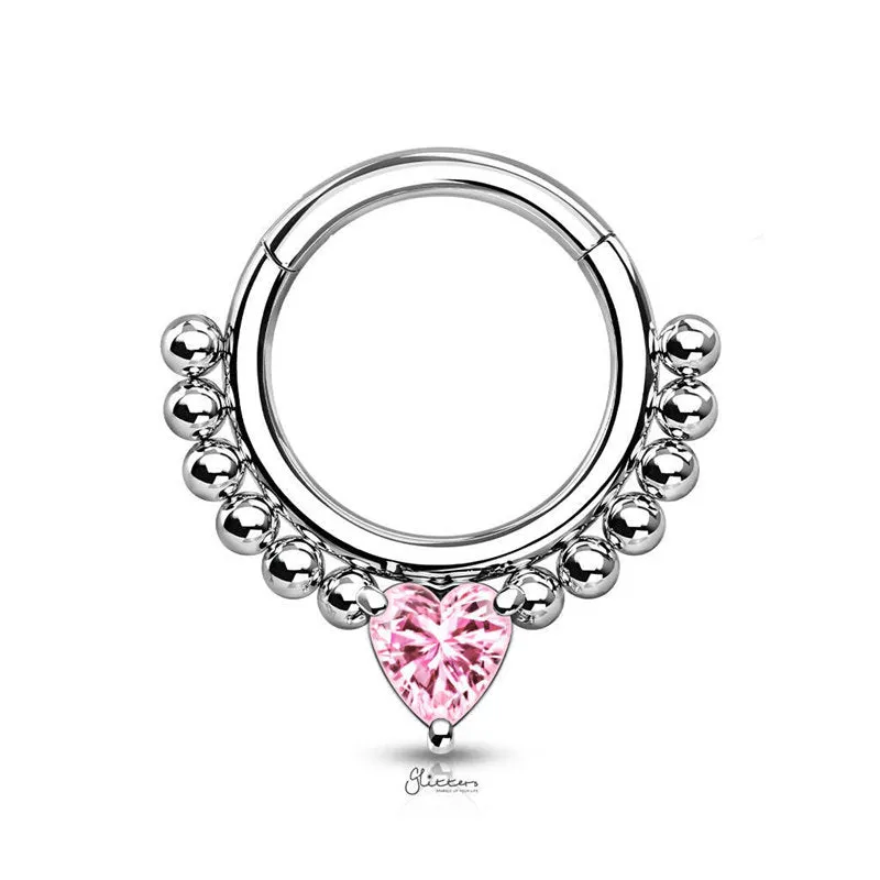 Heart CZ Hinged Segment Hoop Ring - Pink