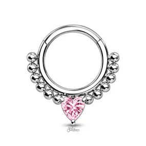 Heart CZ Hinged Segment Hoop Ring - Pink