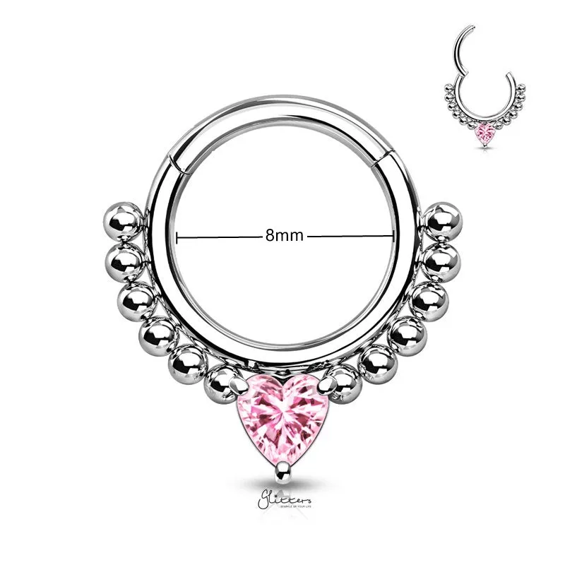 Heart CZ Hinged Segment Hoop Ring - Pink