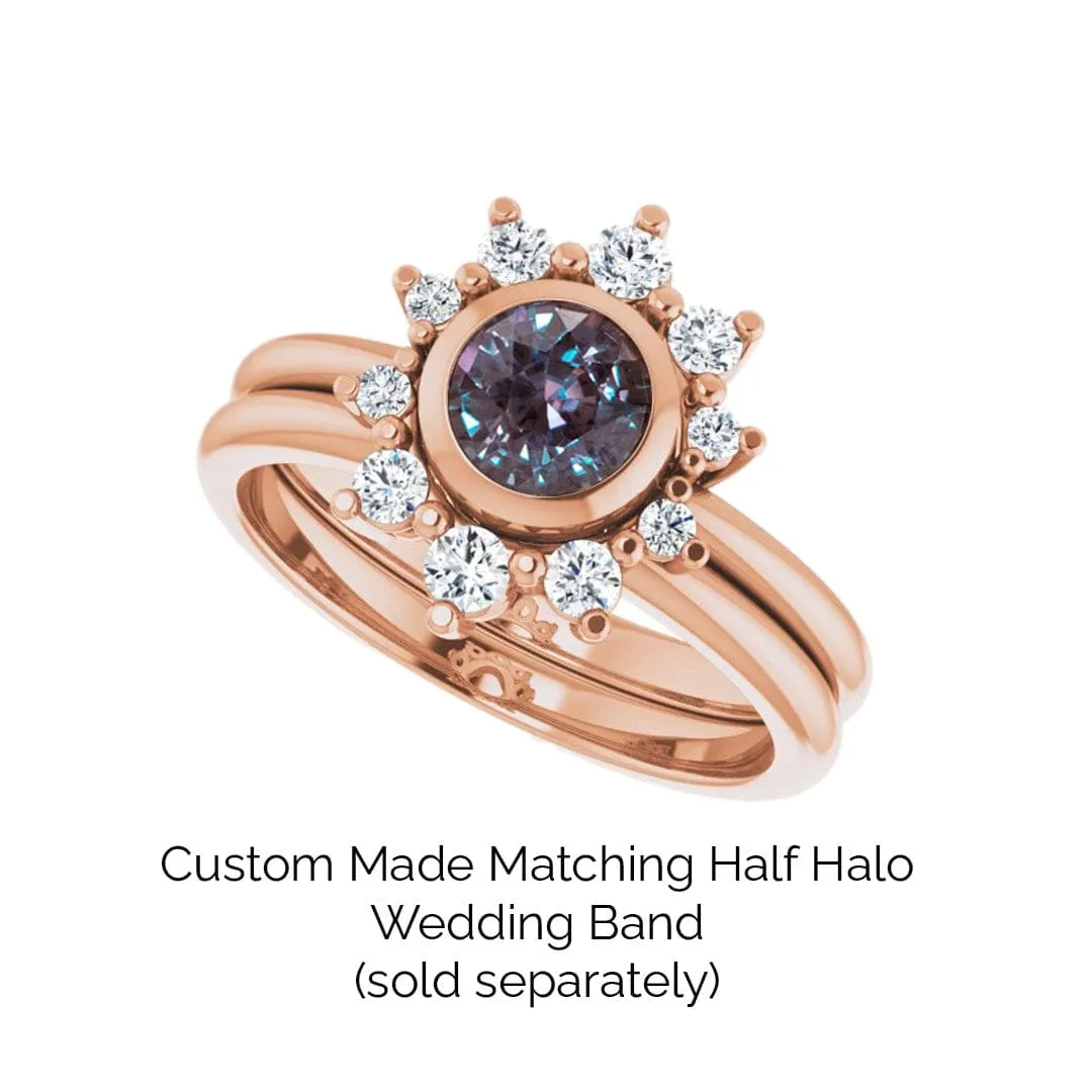 Juno - Bezel Set Round Alexandrite 14k Rose Gold Engagement Ring with Diamond Half Halo Accents