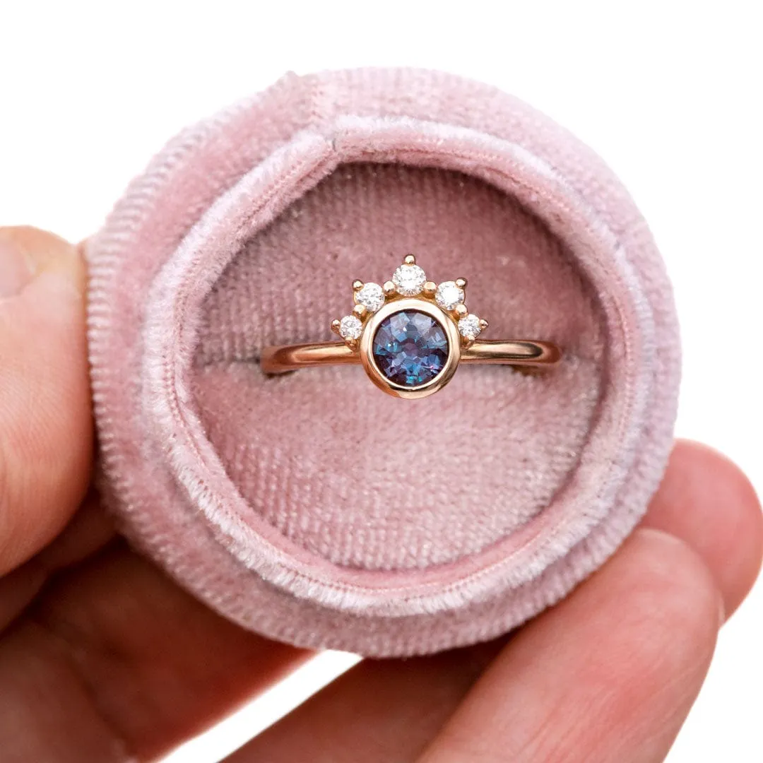 Juno - Bezel Set Round Alexandrite 14k Rose Gold Engagement Ring with Diamond Half Halo Accents