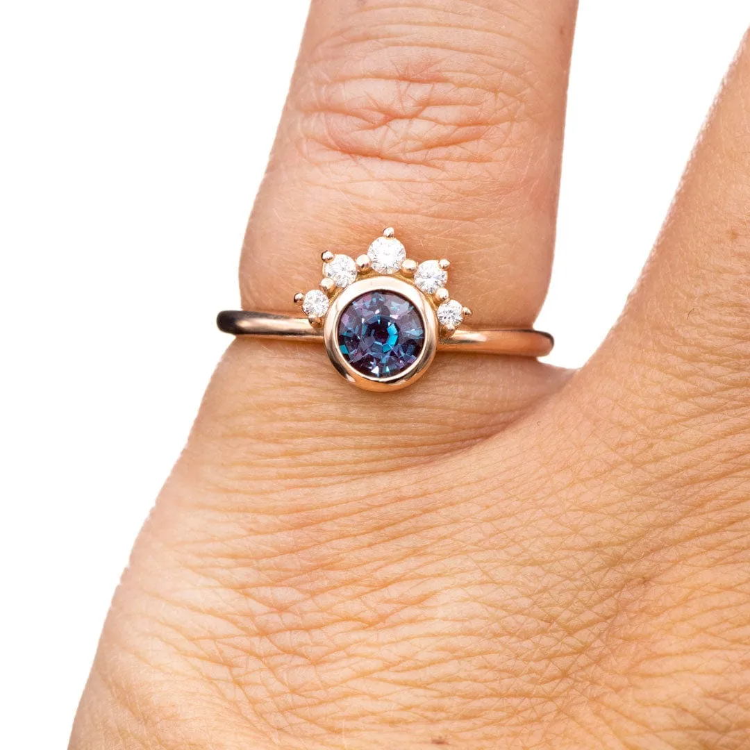 Juno - Bezel Set Round Alexandrite 14k Rose Gold Engagement Ring with Diamond Half Halo Accents