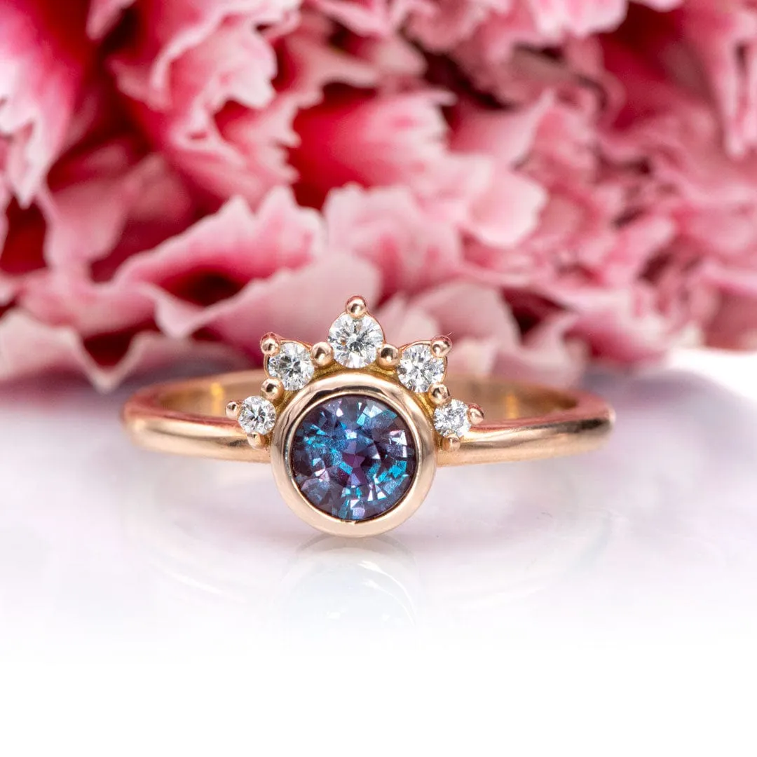 Juno - Bezel Set Round Alexandrite 14k Rose Gold Engagement Ring with Diamond Half Halo Accents