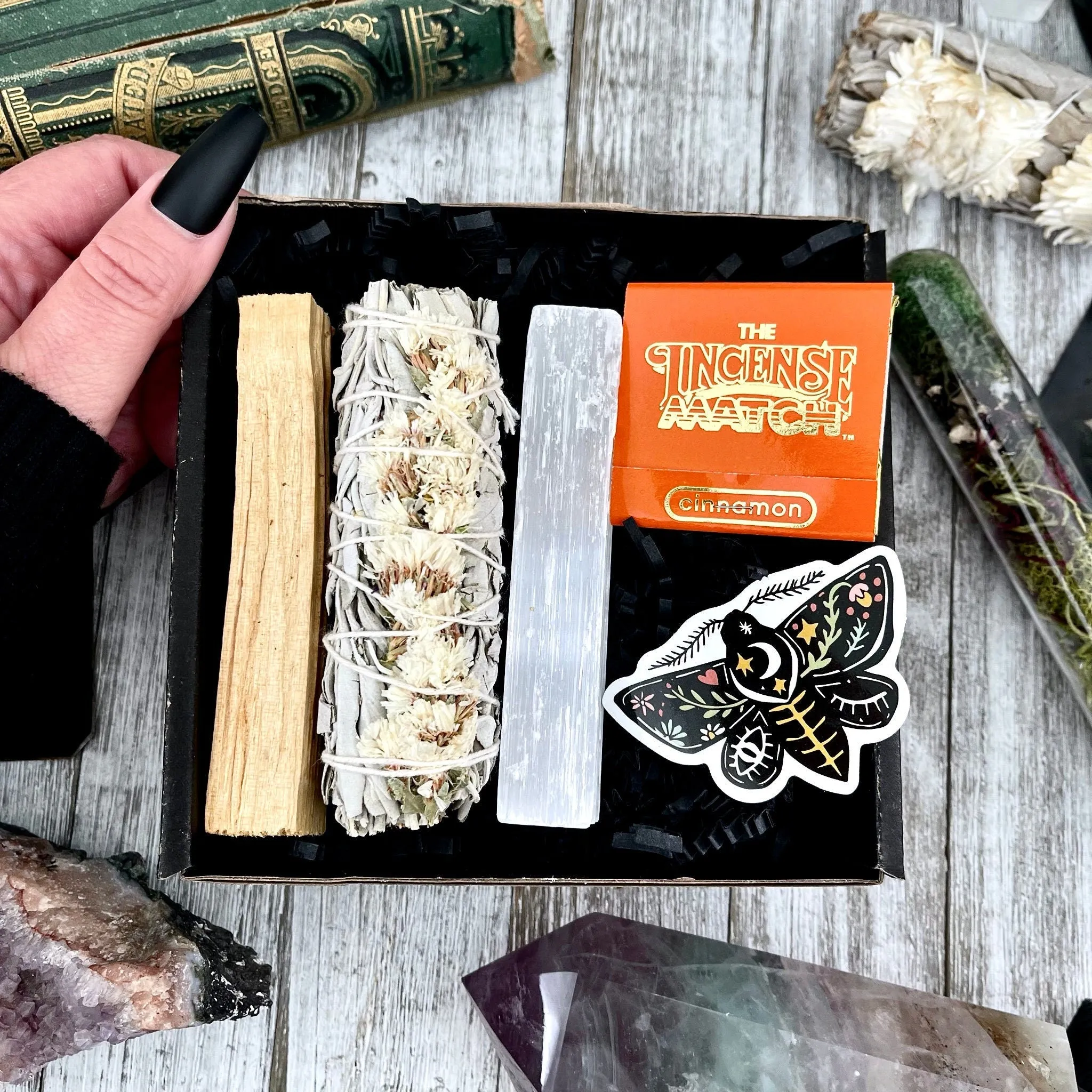 Mystery Sage & Crystal Box // Home Cleansing Energy Calming Smudging Kit with Sage Palo Santo Crystals Candle Gift Box Witchy Smudge Bundle