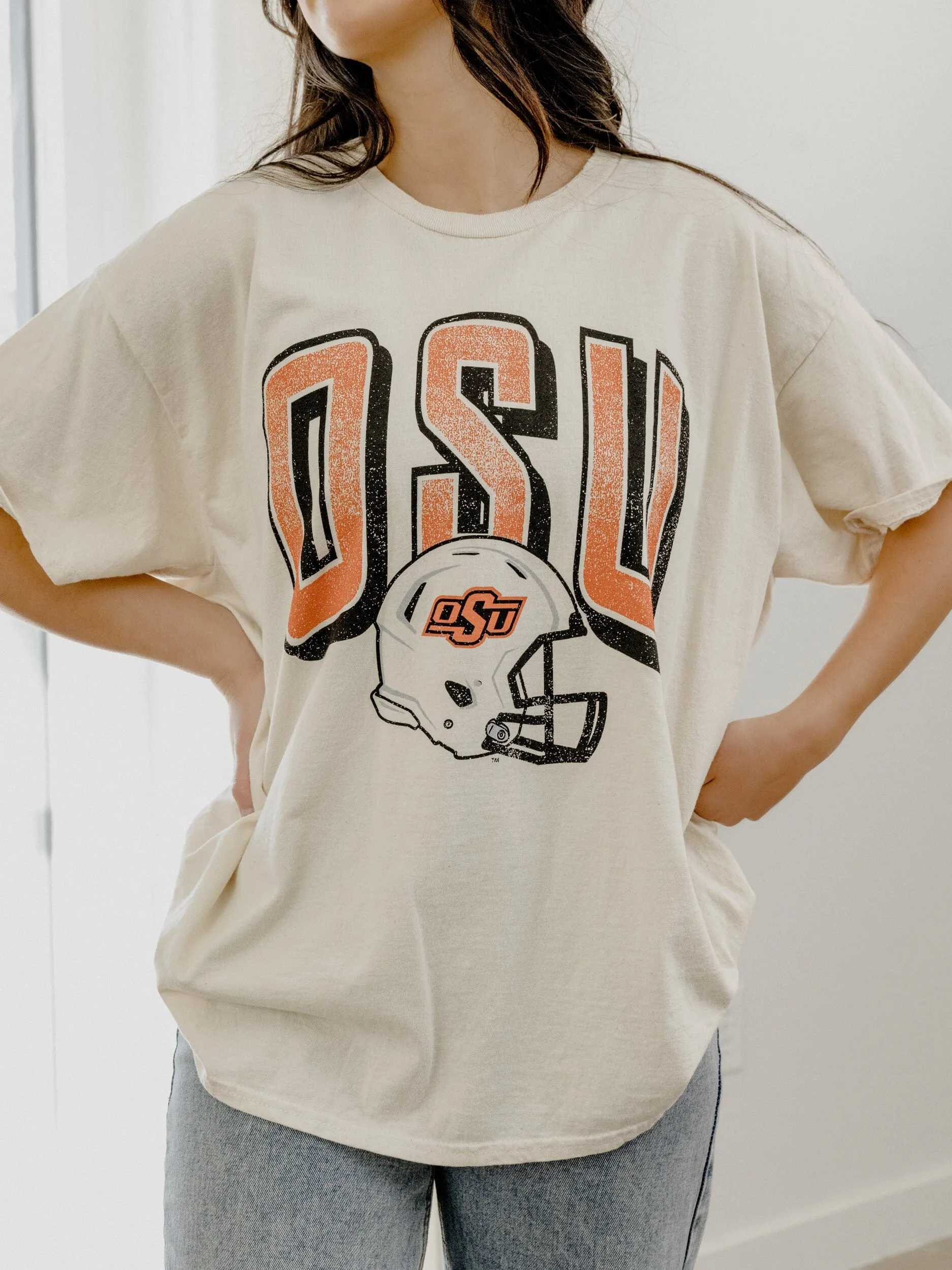 OSU Cowboys Helmet Fade Off White Thrifted Tee