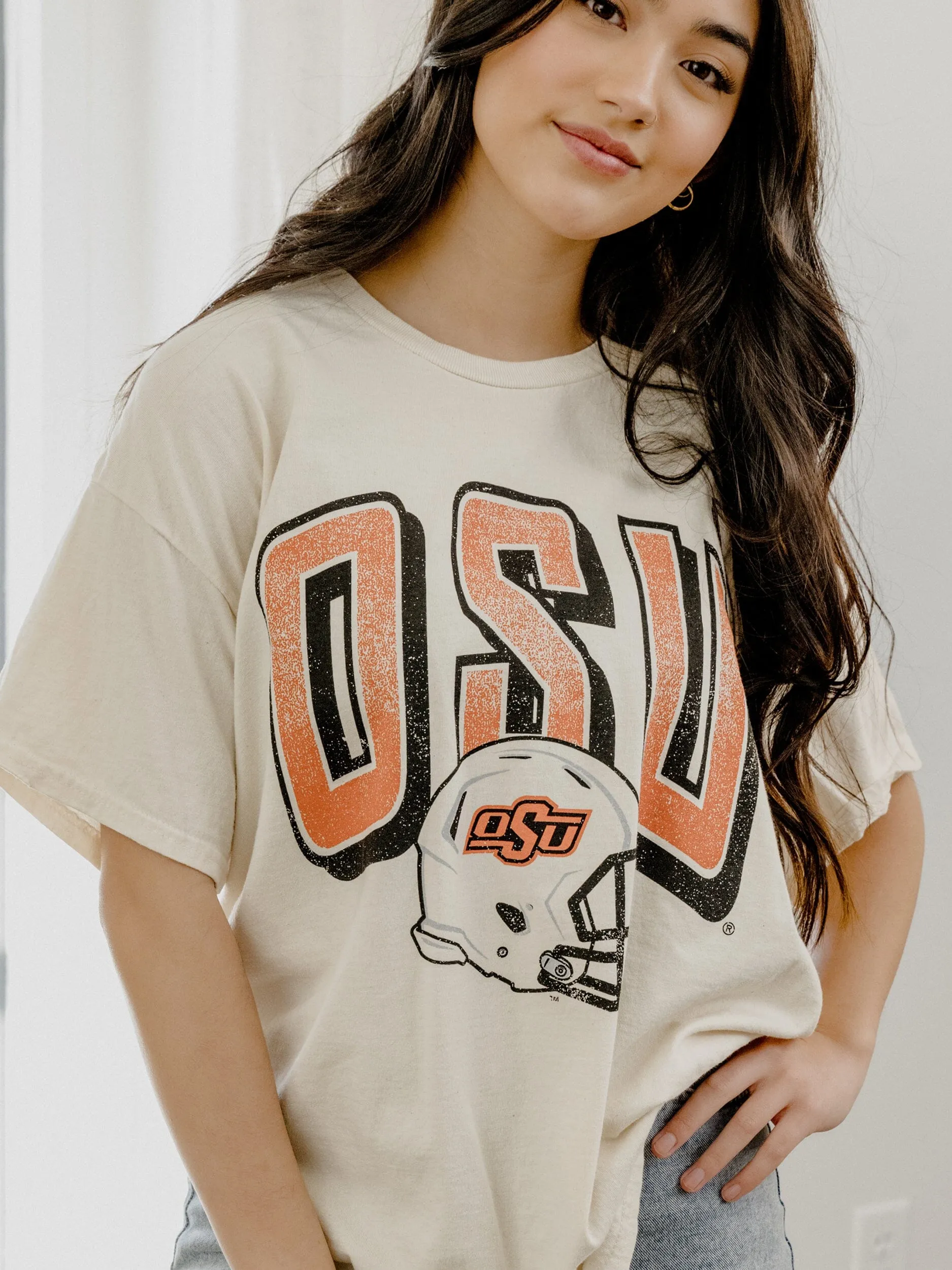 OSU Cowboys Helmet Fade Off White Thrifted Tee