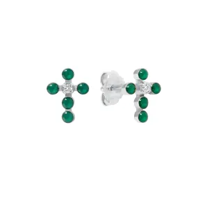 Pearled Cross Diamond Earrings, Emerald, White Gold