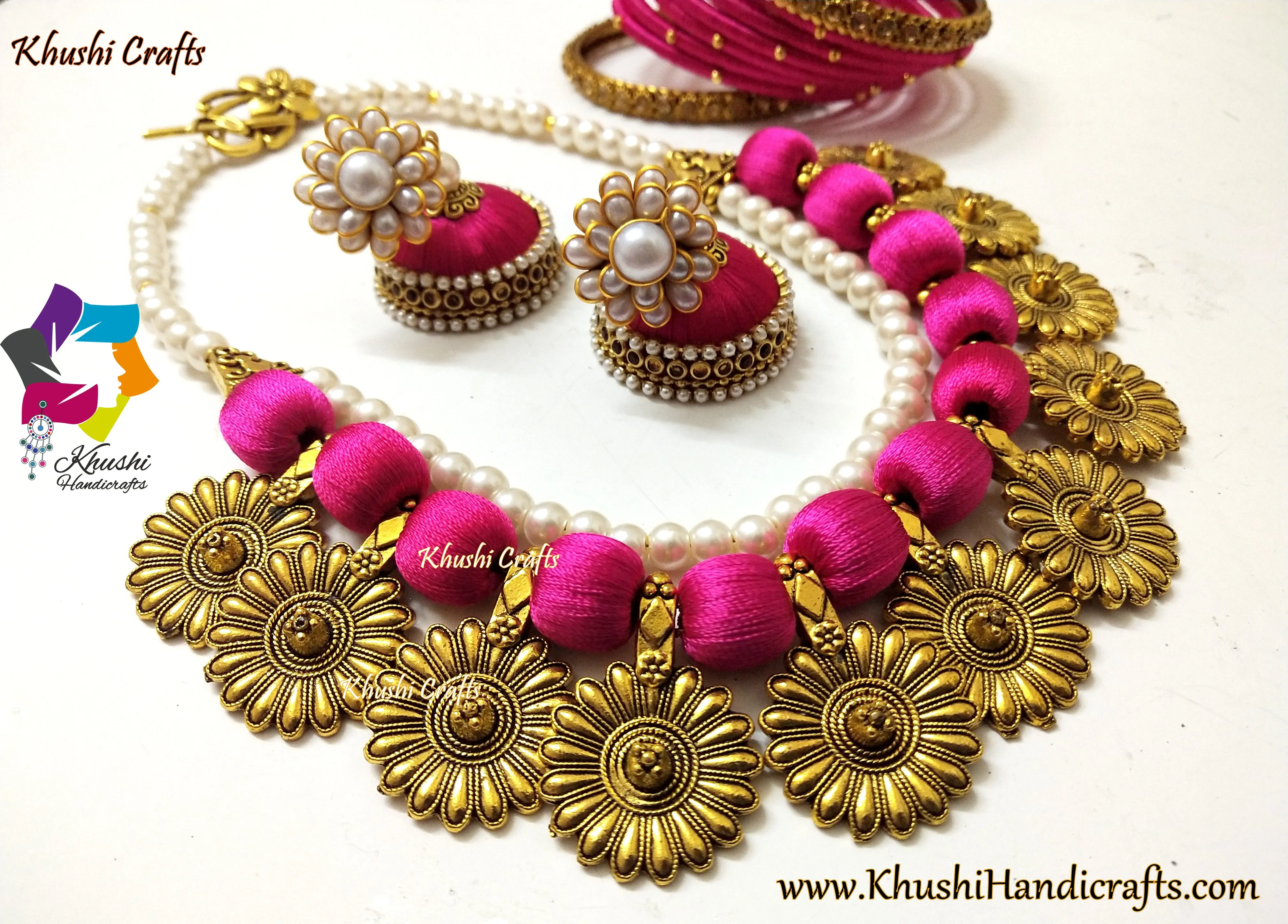 Pink Double layered silk thread Pearl Necklace set with Jhumkas