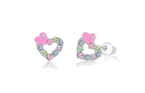 Pink Heart Multi Colored Crystal Palladium Plating Screwback Stud Girls Earring