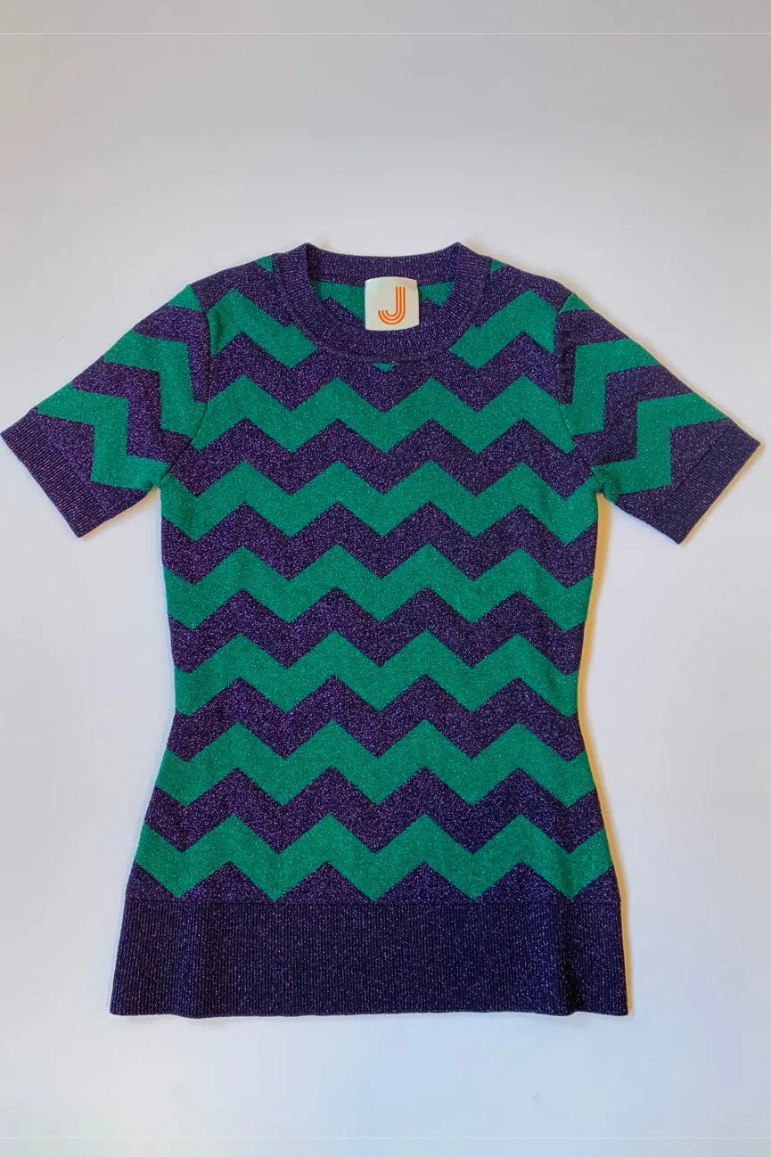 Purple/Emerald Zig Zag Lurex Short Sleeve Crew Neck