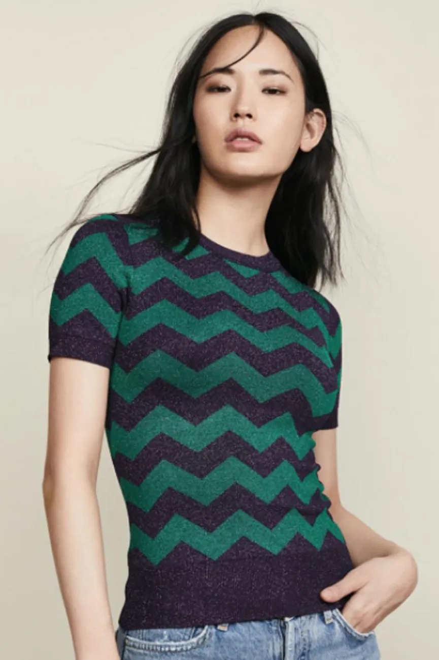 Purple/Emerald Zig Zag Lurex Short Sleeve Crew Neck