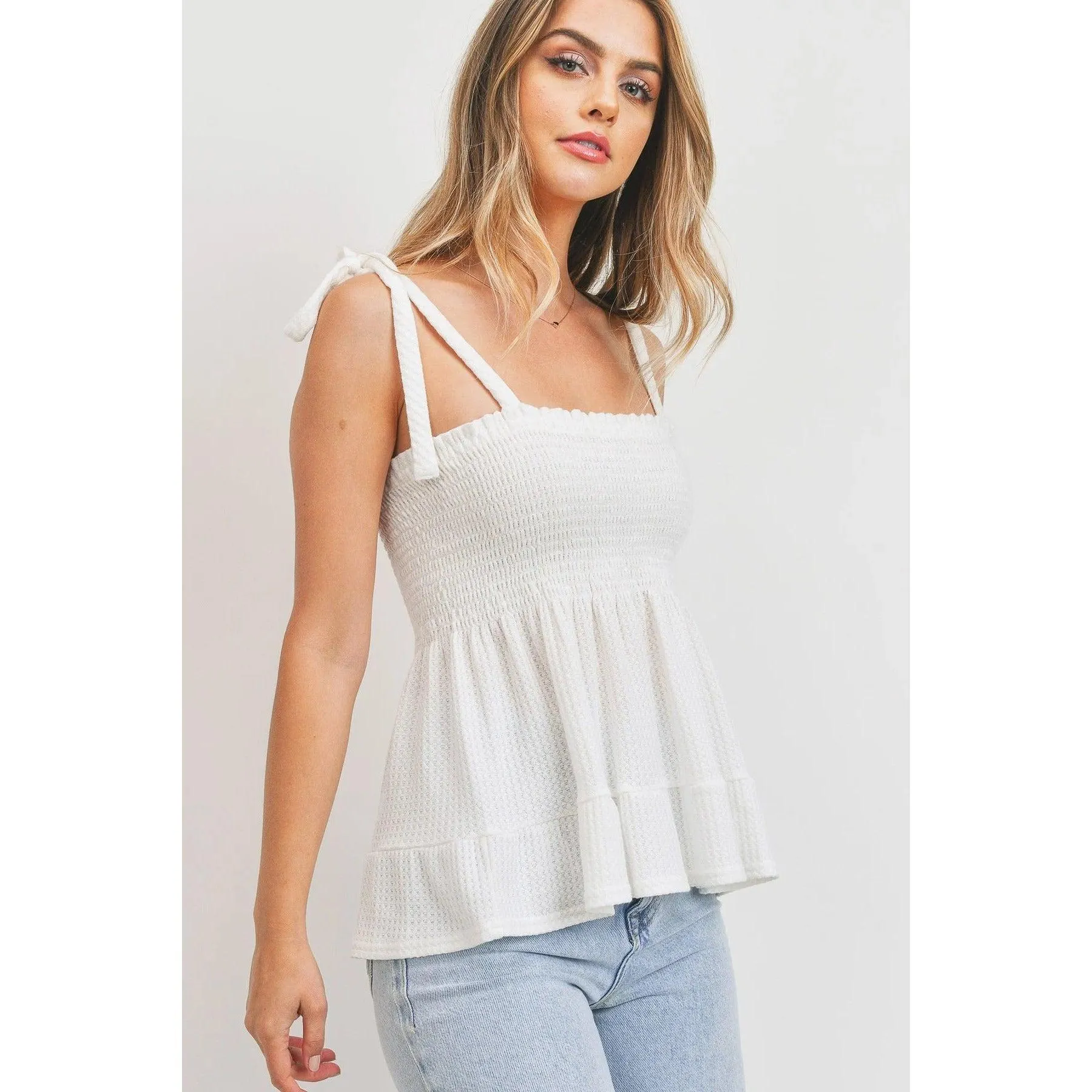 Smocking Bust With Self Tie Straps Sleeveless Waffle Top