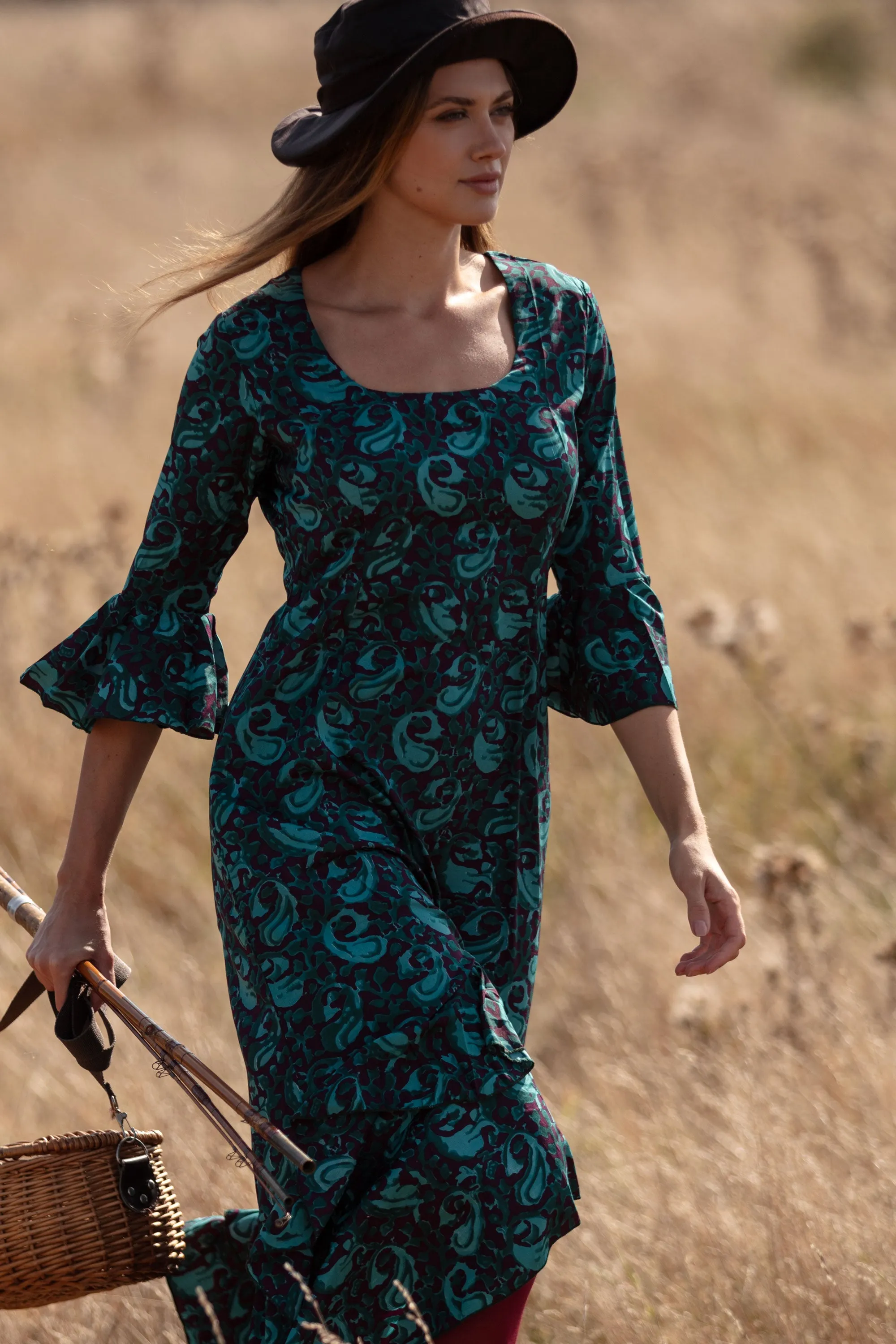 Victoria Midi Dress in Turquoise & Purple Swirl