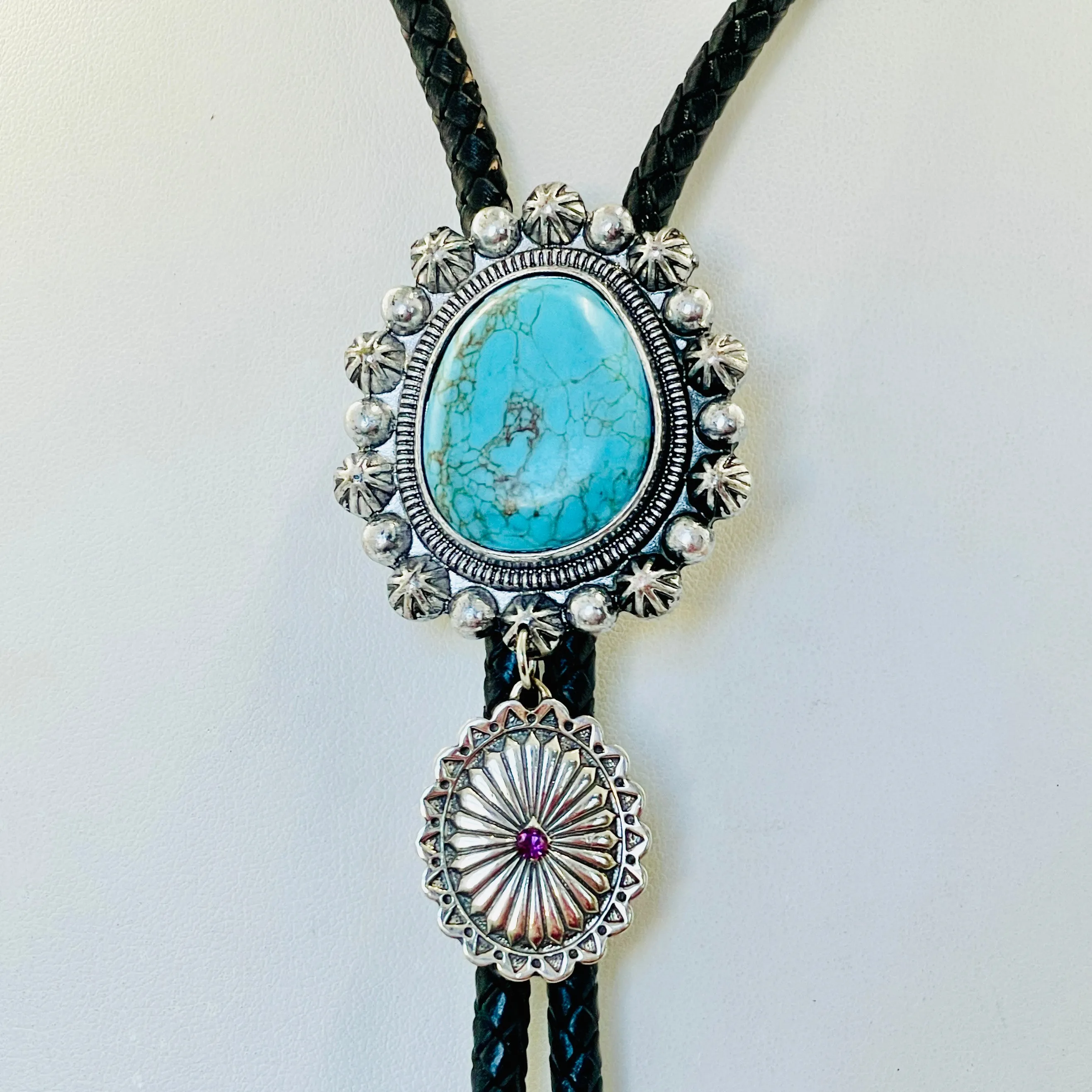 White Brass Turquoise & Concho Bolo